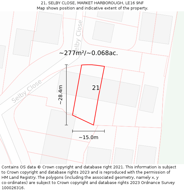 21, SELBY CLOSE, MARKET HARBOROUGH, LE16 9NF: Plot and title map