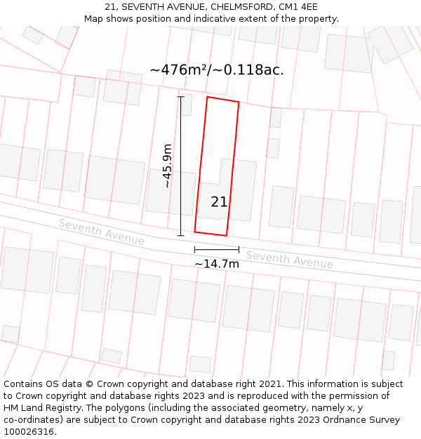 21, SEVENTH AVENUE, CHELMSFORD, CM1 4EE: Plot and title map