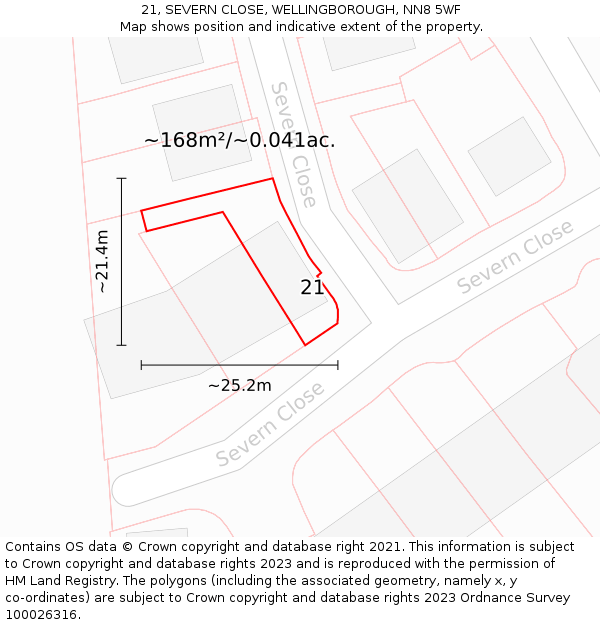 21, SEVERN CLOSE, WELLINGBOROUGH, NN8 5WF: Plot and title map