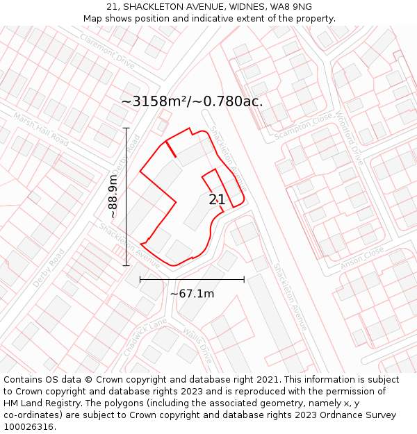 21, SHACKLETON AVENUE, WIDNES, WA8 9NG: Plot and title map