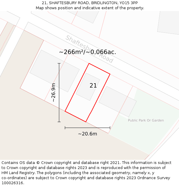 21, SHAFTESBURY ROAD, BRIDLINGTON, YO15 3PP: Plot and title map