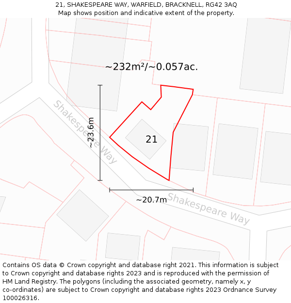 21, SHAKESPEARE WAY, WARFIELD, BRACKNELL, RG42 3AQ: Plot and title map