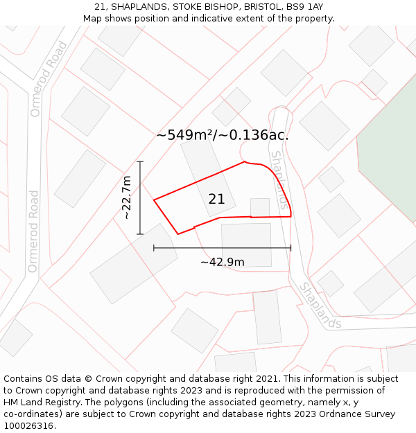 21, SHAPLANDS, STOKE BISHOP, BRISTOL, BS9 1AY: Plot and title map