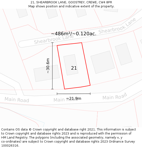 21, SHEARBROOK LANE, GOOSTREY, CREWE, CW4 8PR: Plot and title map