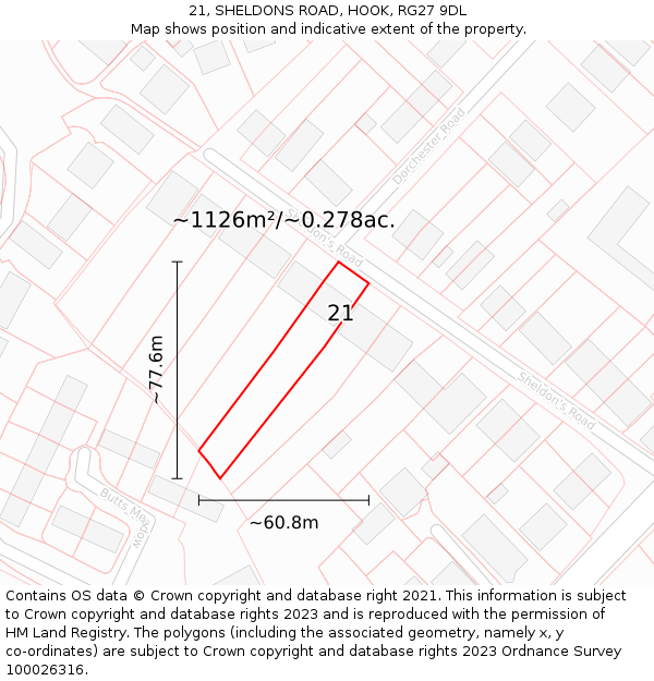 21, SHELDONS ROAD, HOOK, RG27 9DL: Plot and title map