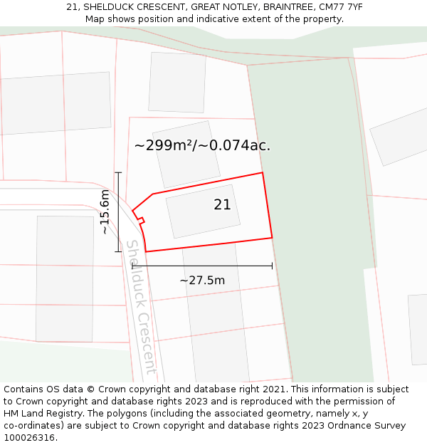 21, SHELDUCK CRESCENT, GREAT NOTLEY, BRAINTREE, CM77 7YF: Plot and title map