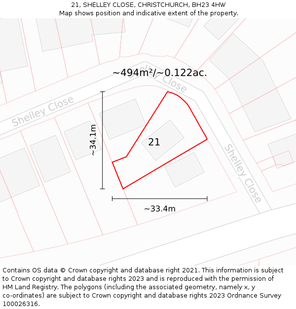 21, SHELLEY CLOSE, CHRISTCHURCH, BH23 4HW: Plot and title map