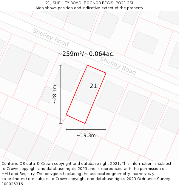 21, SHELLEY ROAD, BOGNOR REGIS, PO21 2SL: Plot and title map