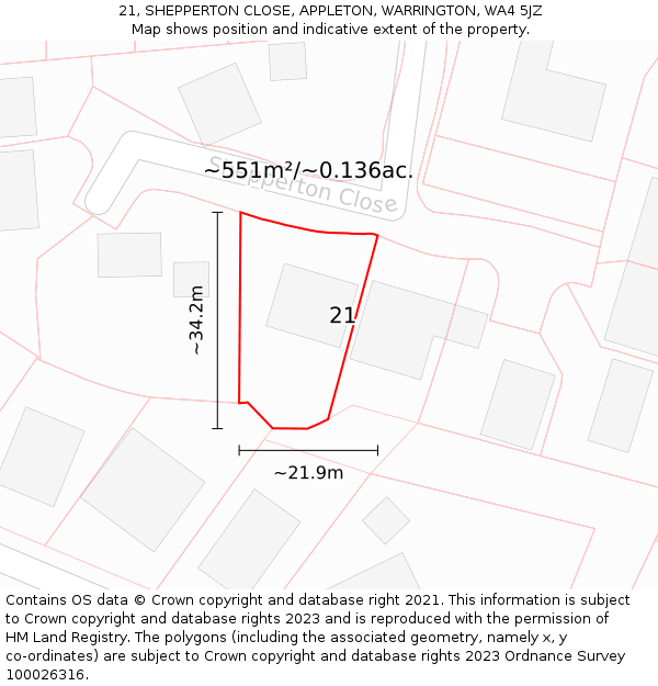 21, SHEPPERTON CLOSE, APPLETON, WARRINGTON, WA4 5JZ: Plot and title map