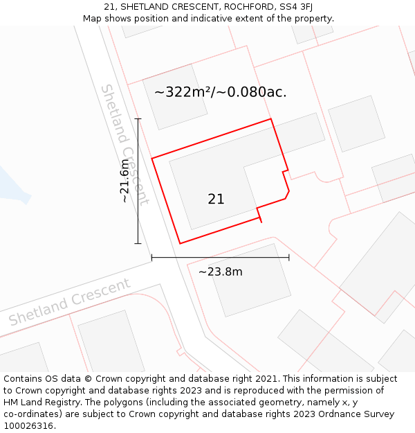 21, SHETLAND CRESCENT, ROCHFORD, SS4 3FJ: Plot and title map