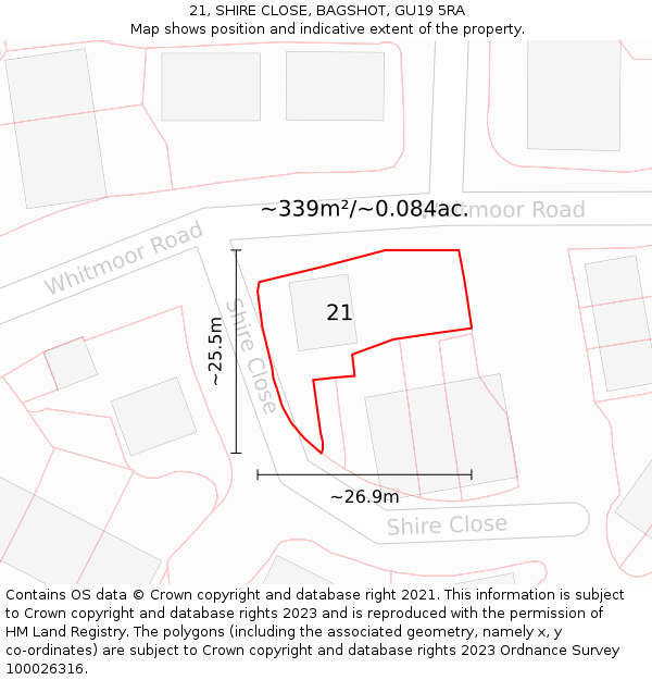 21, SHIRE CLOSE, BAGSHOT, GU19 5RA: Plot and title map