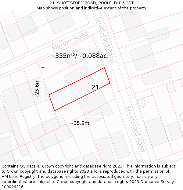 21, SHOTTSFORD ROAD, POOLE, BH15 3DT: Plot and title map