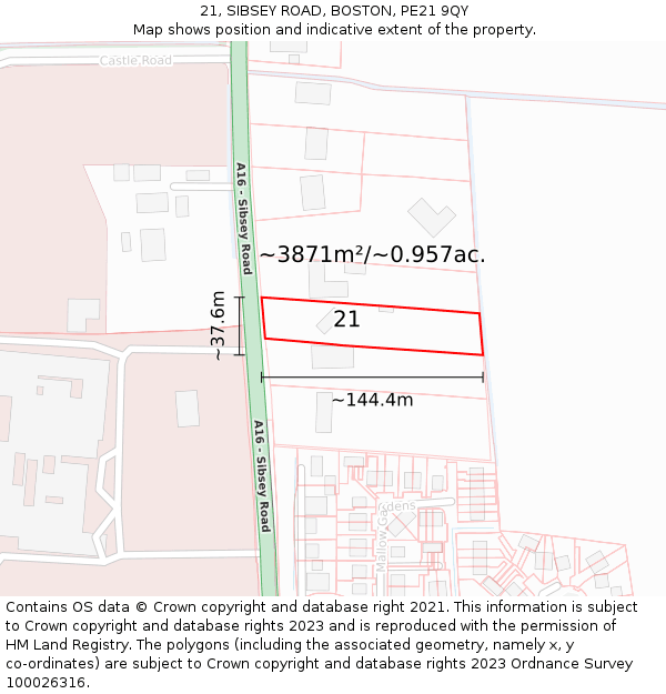 21, SIBSEY ROAD, BOSTON, PE21 9QY: Plot and title map