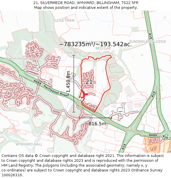 21, SILVERMEDE ROAD, WYNYARD, BILLINGHAM, TS22 5FR: Plot and title map