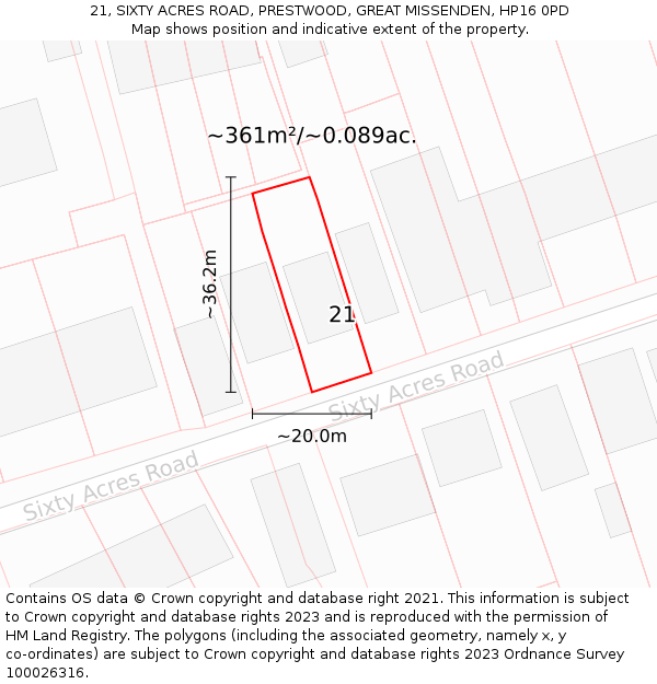 21, SIXTY ACRES ROAD, PRESTWOOD, GREAT MISSENDEN, HP16 0PD: Plot and title map