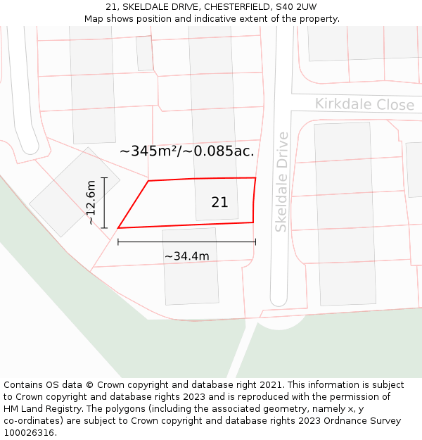 21, SKELDALE DRIVE, CHESTERFIELD, S40 2UW: Plot and title map