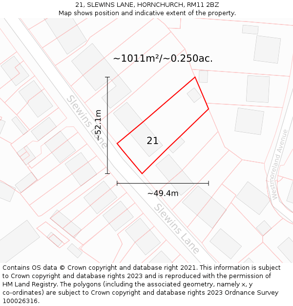 21, SLEWINS LANE, HORNCHURCH, RM11 2BZ: Plot and title map