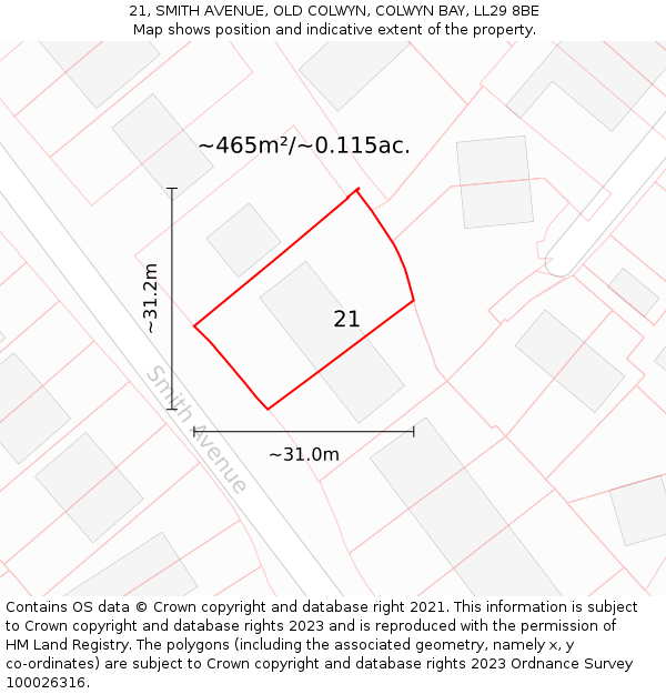 21, SMITH AVENUE, OLD COLWYN, COLWYN BAY, LL29 8BE: Plot and title map