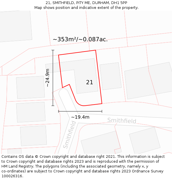 21, SMITHFIELD, PITY ME, DURHAM, DH1 5PP: Plot and title map