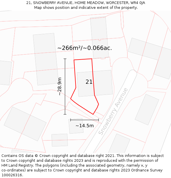 21, SNOWBERRY AVENUE, HOME MEADOW, WORCESTER, WR4 0JA: Plot and title map