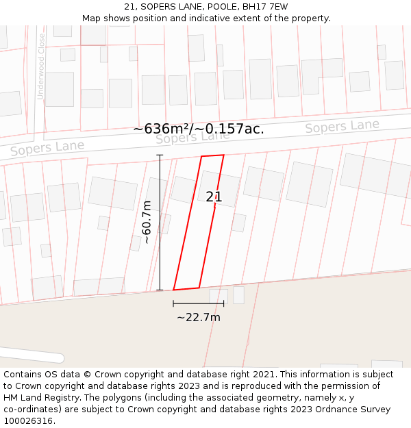 21, SOPERS LANE, POOLE, BH17 7EW: Plot and title map