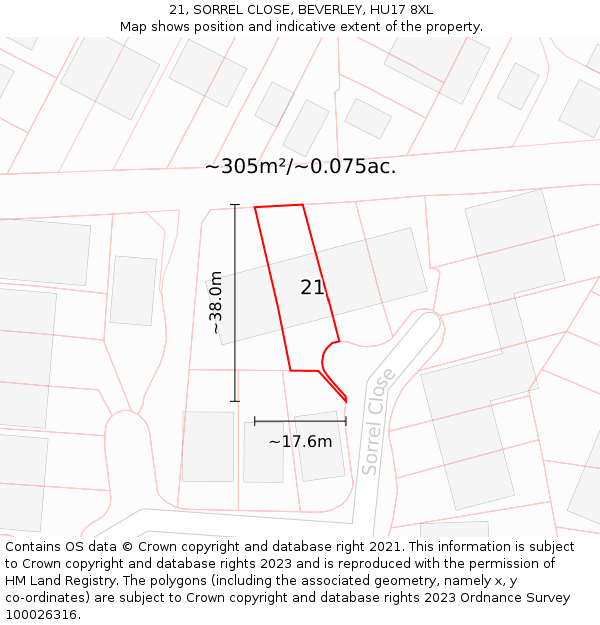 21, SORREL CLOSE, BEVERLEY, HU17 8XL: Plot and title map