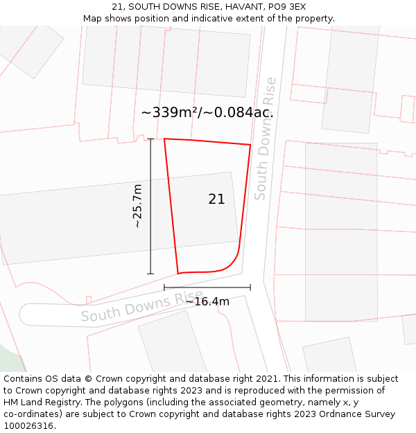 21, SOUTH DOWNS RISE, HAVANT, PO9 3EX: Plot and title map