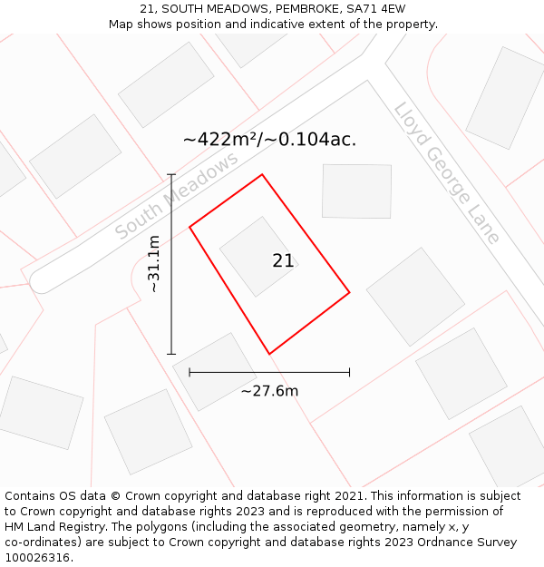 21, SOUTH MEADOWS, PEMBROKE, SA71 4EW: Plot and title map