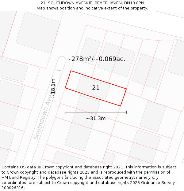 21, SOUTHDOWN AVENUE, PEACEHAVEN, BN10 8PN: Plot and title map