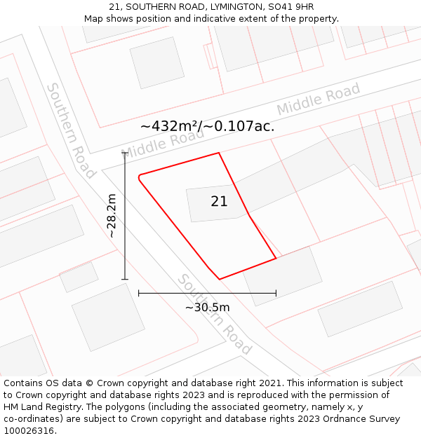 21, SOUTHERN ROAD, LYMINGTON, SO41 9HR: Plot and title map