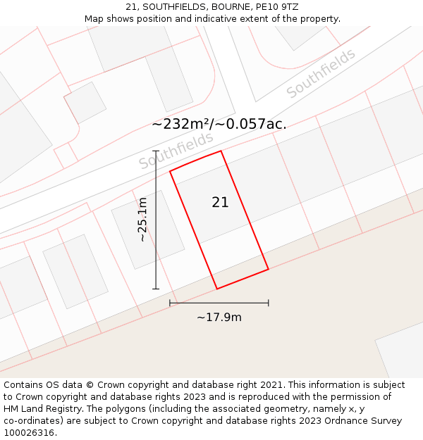 21, SOUTHFIELDS, BOURNE, PE10 9TZ: Plot and title map