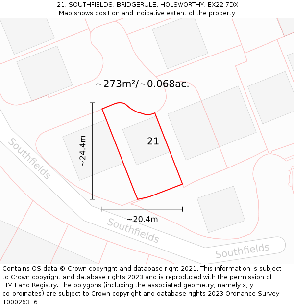 21, SOUTHFIELDS, BRIDGERULE, HOLSWORTHY, EX22 7DX: Plot and title map