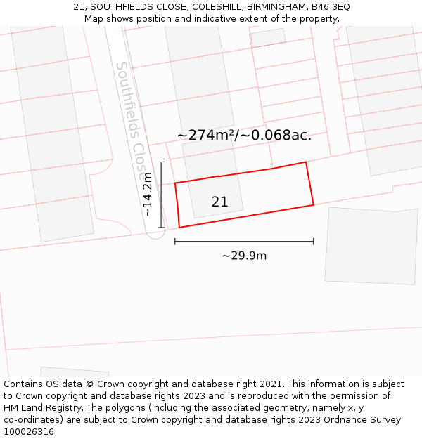 21, SOUTHFIELDS CLOSE, COLESHILL, BIRMINGHAM, B46 3EQ: Plot and title map