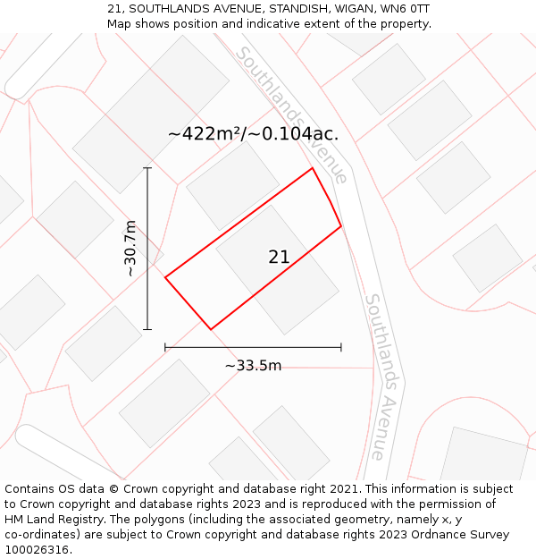 21, SOUTHLANDS AVENUE, STANDISH, WIGAN, WN6 0TT: Plot and title map