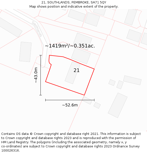 21, SOUTHLANDS, PEMBROKE, SA71 5QY: Plot and title map