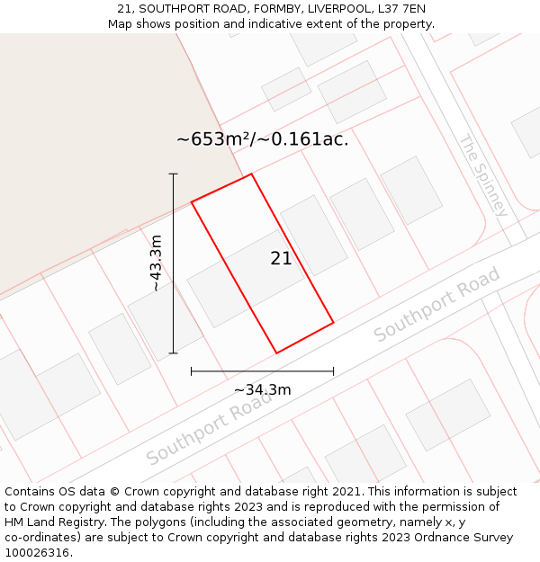 21, SOUTHPORT ROAD, FORMBY, LIVERPOOL, L37 7EN: Plot and title map