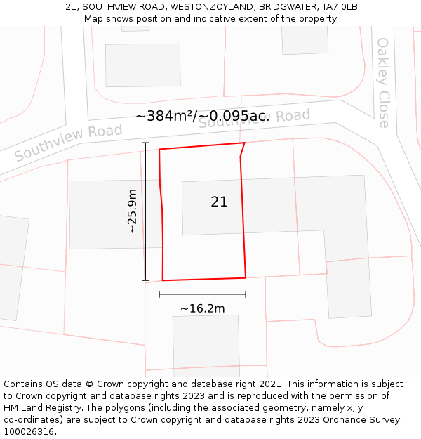 21, SOUTHVIEW ROAD, WESTONZOYLAND, BRIDGWATER, TA7 0LB: Plot and title map