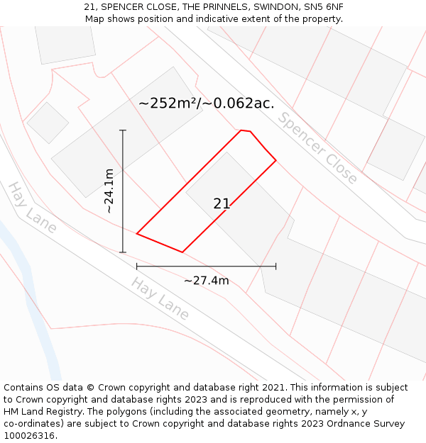 21, SPENCER CLOSE, THE PRINNELS, SWINDON, SN5 6NF: Plot and title map