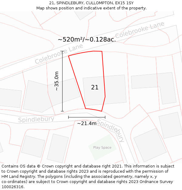 21, SPINDLEBURY, CULLOMPTON, EX15 1SY: Plot and title map