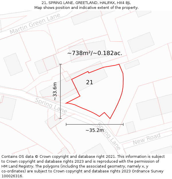 21, SPRING LANE, GREETLAND, HALIFAX, HX4 8JL: Plot and title map