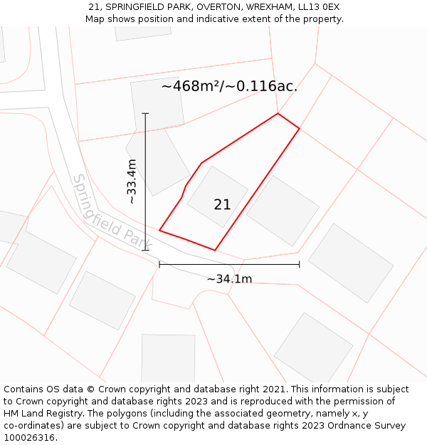 21, SPRINGFIELD PARK, OVERTON, WREXHAM, LL13 0EX: Plot and title map