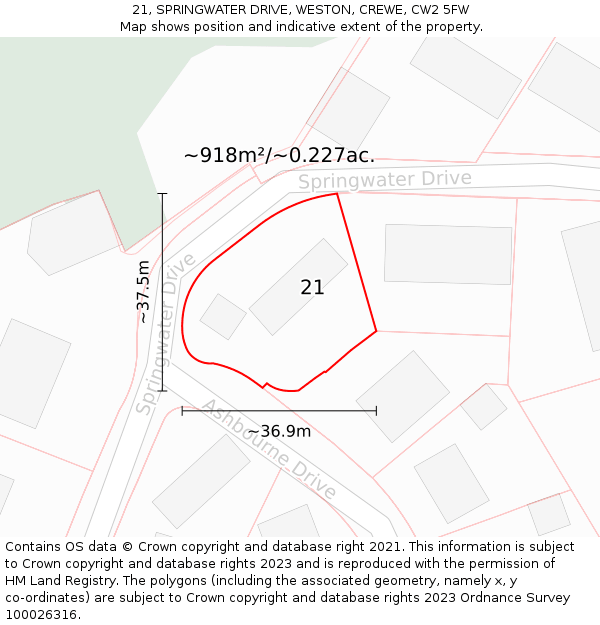 21, SPRINGWATER DRIVE, WESTON, CREWE, CW2 5FW: Plot and title map