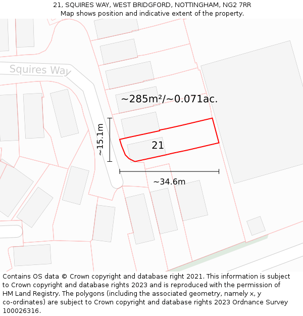 21, SQUIRES WAY, WEST BRIDGFORD, NOTTINGHAM, NG2 7RR: Plot and title map