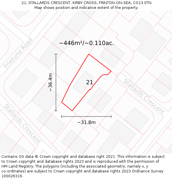 21, STALLARDS CRESCENT, KIRBY CROSS, FRINTON-ON-SEA, CO13 0TN: Plot and title map