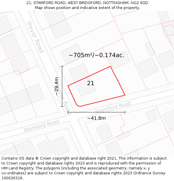 21, STAMFORD ROAD, WEST BRIDGFORD, NOTTINGHAM, NG2 6GD: Plot and title map