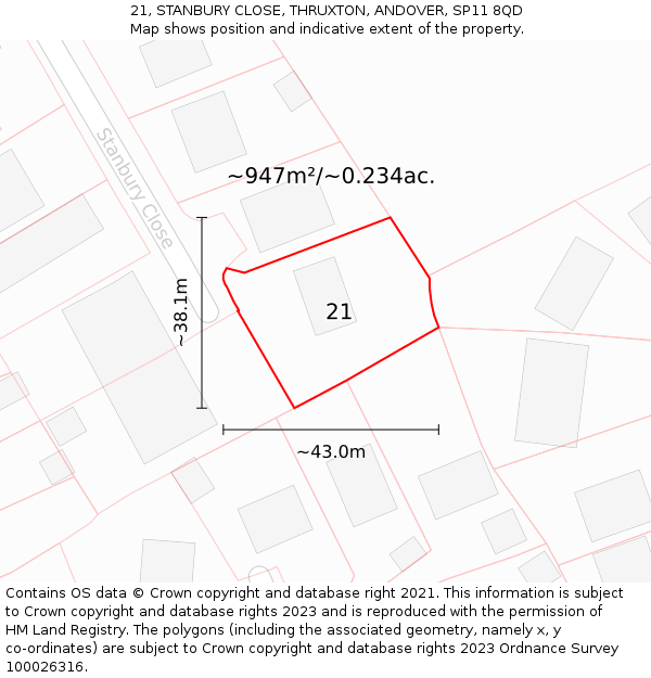 21, STANBURY CLOSE, THRUXTON, ANDOVER, SP11 8QD: Plot and title map