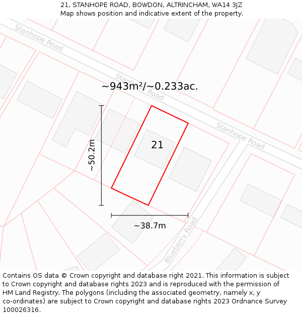 21, STANHOPE ROAD, BOWDON, ALTRINCHAM, WA14 3JZ: Plot and title map