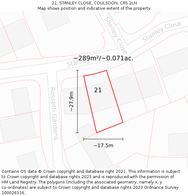 21, STANLEY CLOSE, COULSDON, CR5 2LN: Plot and title map