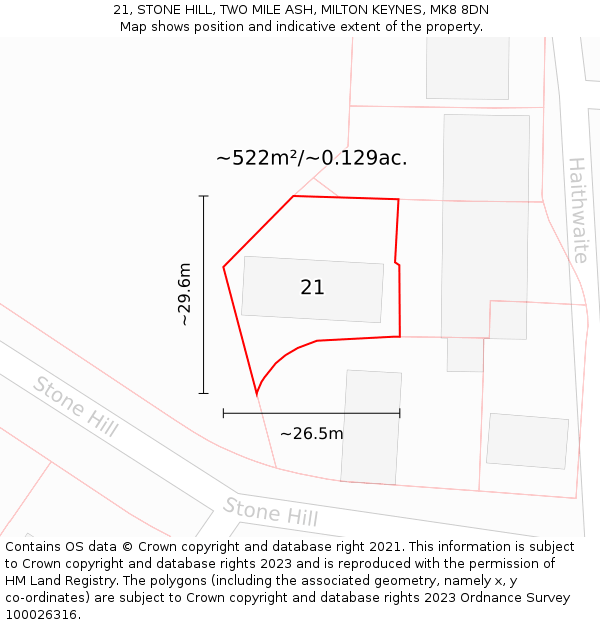 21, STONE HILL, TWO MILE ASH, MILTON KEYNES, MK8 8DN: Plot and title map