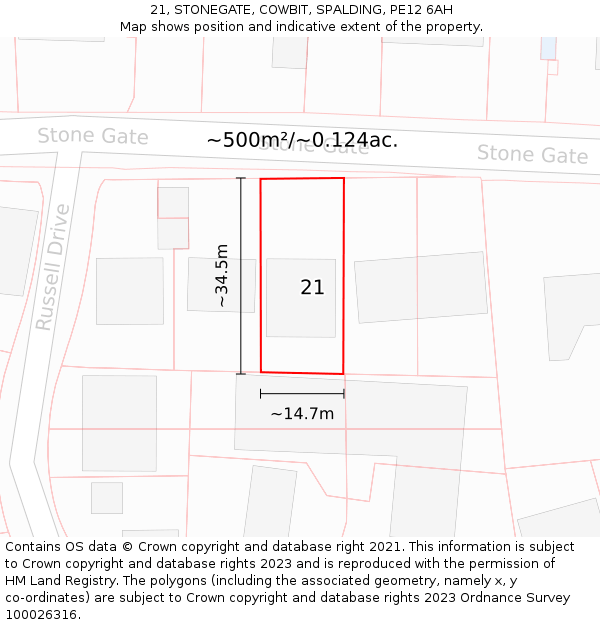 21, STONEGATE, COWBIT, SPALDING, PE12 6AH: Plot and title map